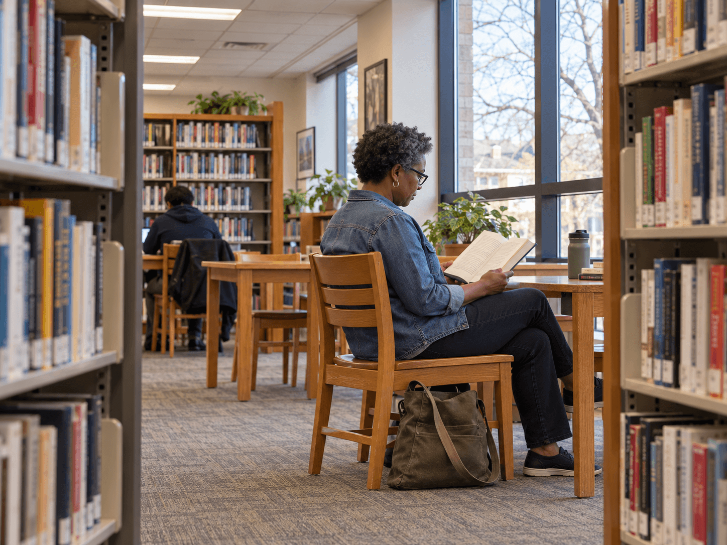 A person reading at a shared table in an ordinary public library, with a small bag under their chair and shelves beyond.