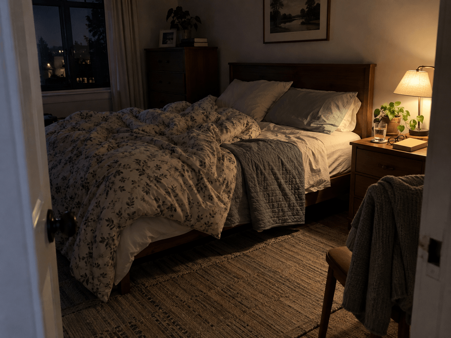 A small bedroom with rumpled bedding, a shaded reading lamp and a book beside the bed.