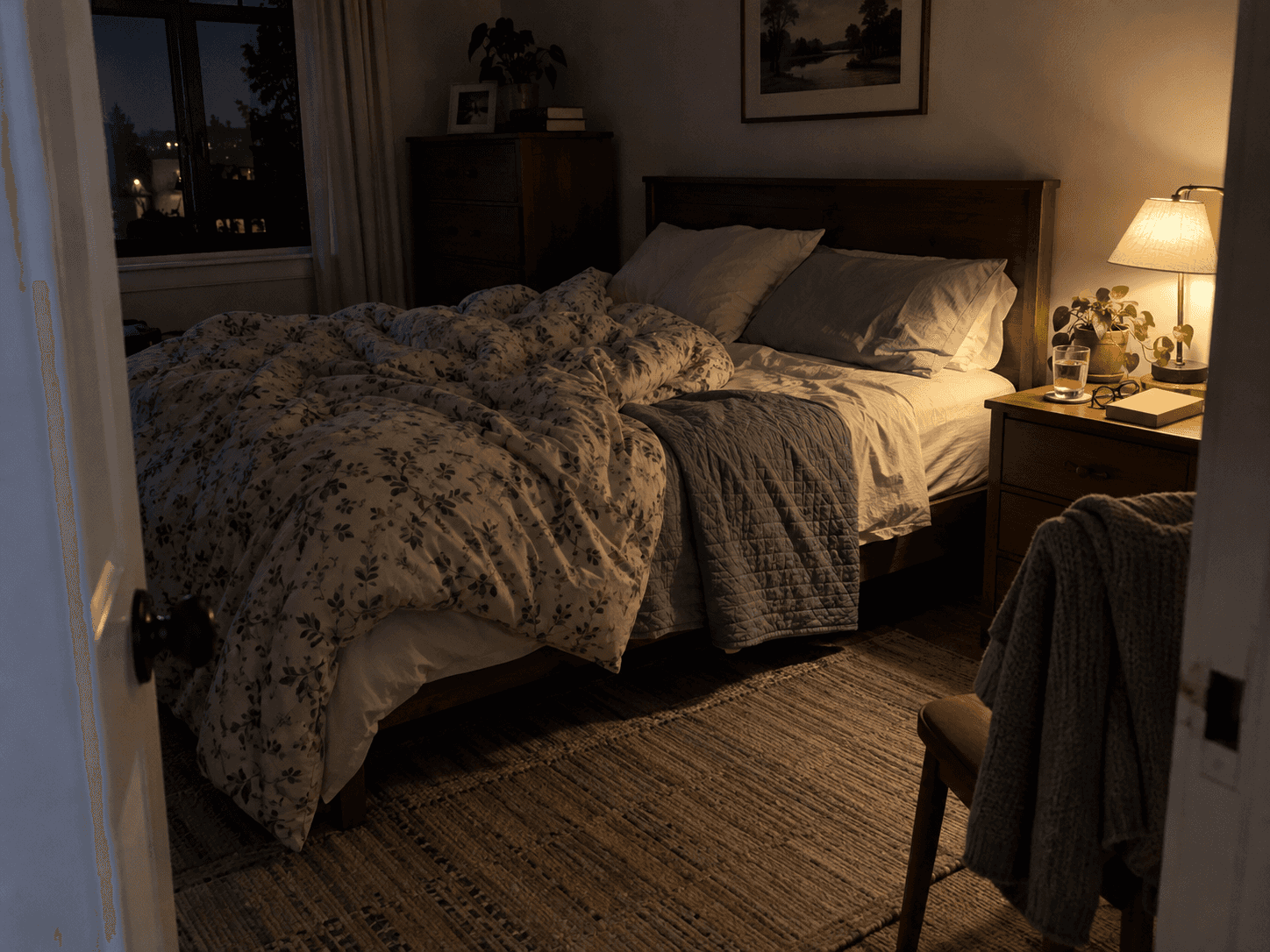 A shaded lamp lights one side of a bed with mismatched bedding.