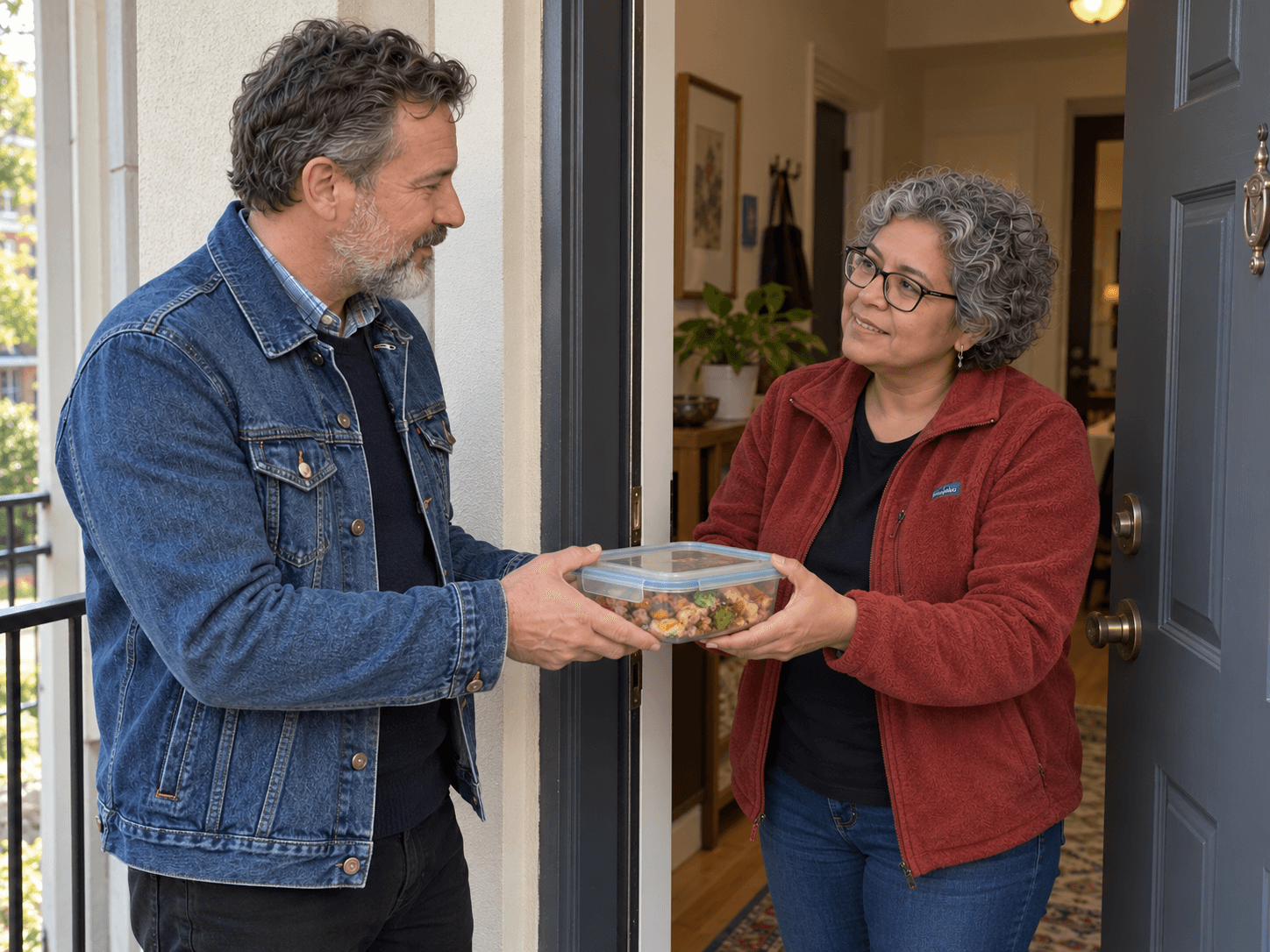 A friend handing over a closed reusable food container at an apartment doorway, with both people standing comfortably apart.
