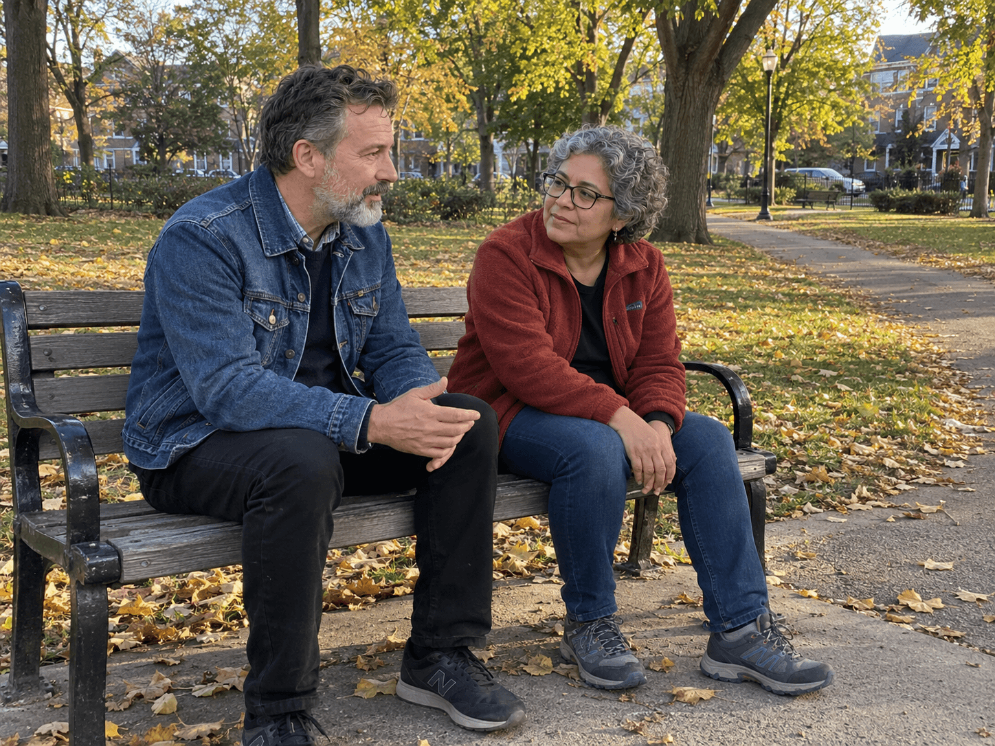 Two middle-aged friends sitting on a park bench in conversation, one listening while the other speaks.