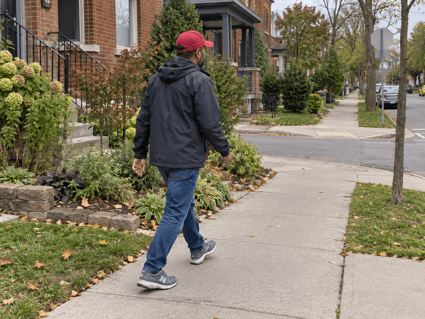 A man in a red cap walking along a level neighbourhood pavement near his home.