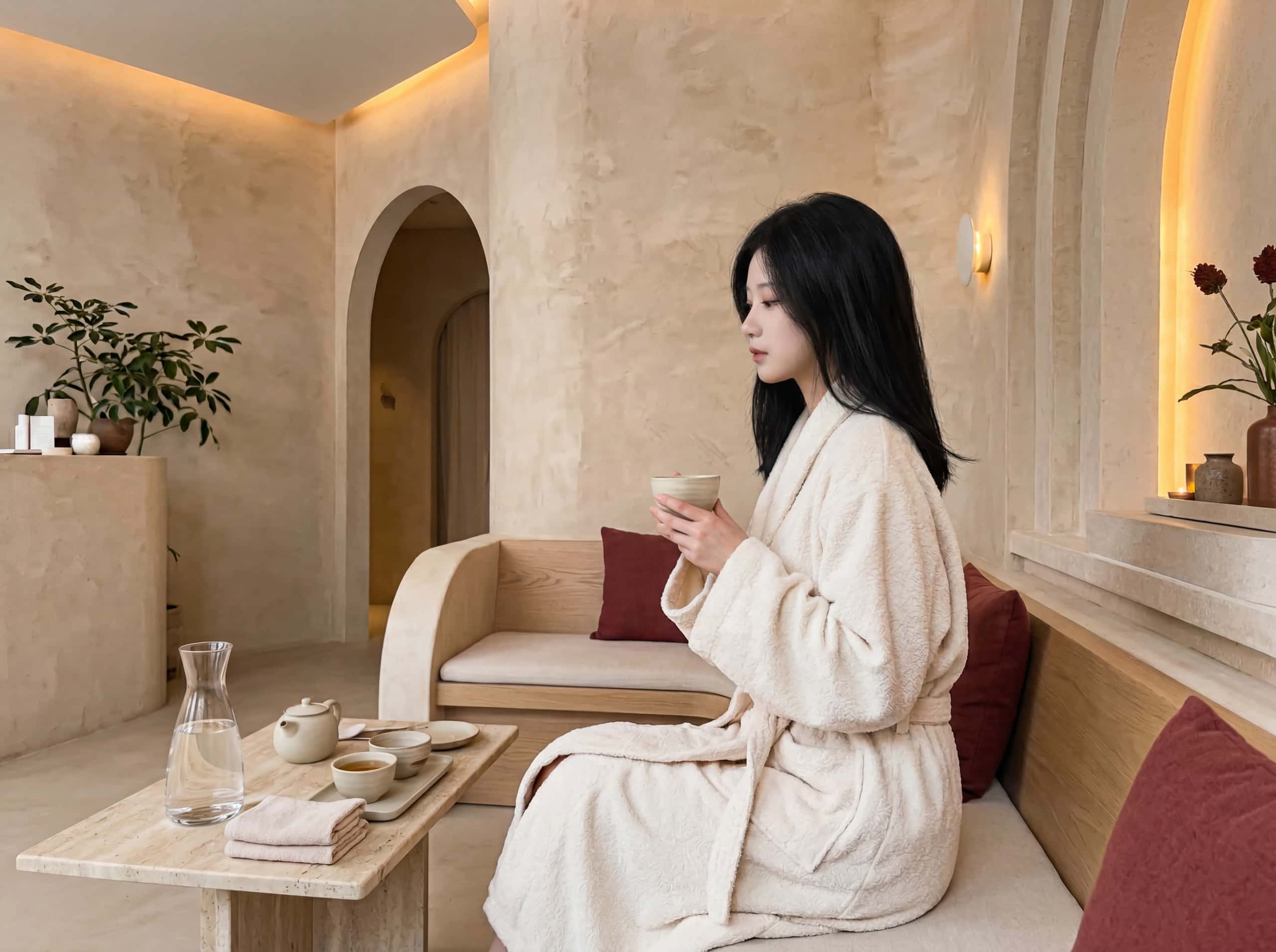Guest relaxing in the tea lounge with herbal tea