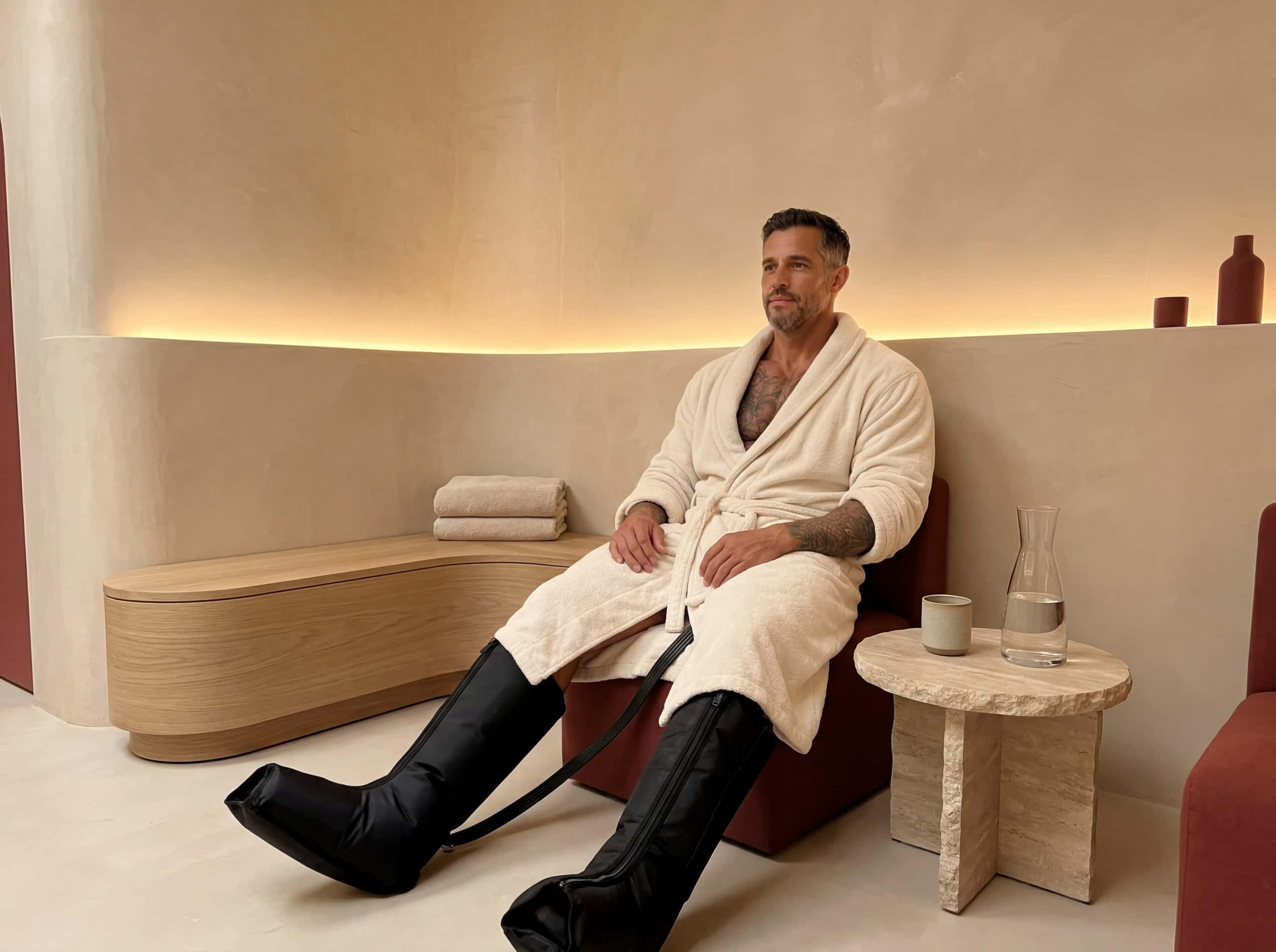 Guest relaxing with compression recovery boots