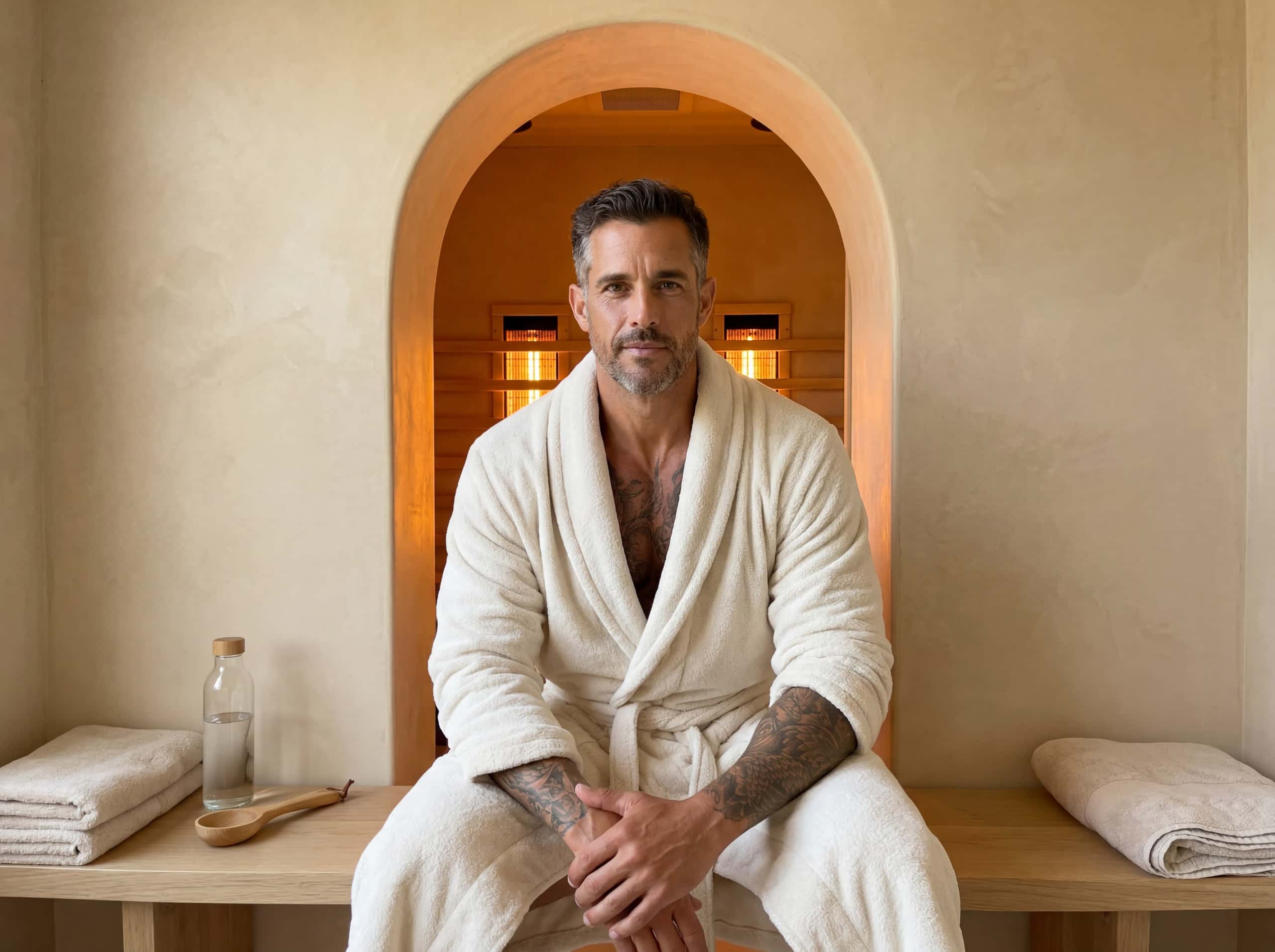 Guest seated at the threshold of the infrared sauna