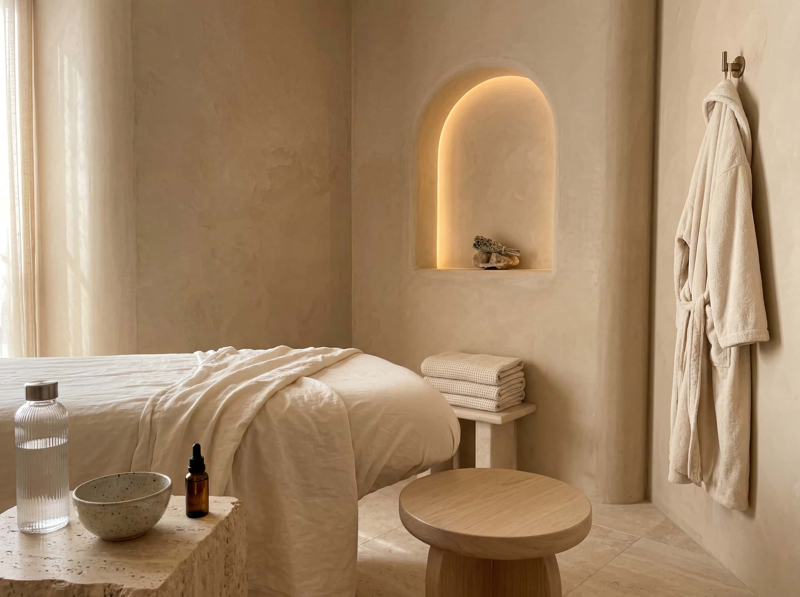 Bodywork room with curved massage table and white oak stool