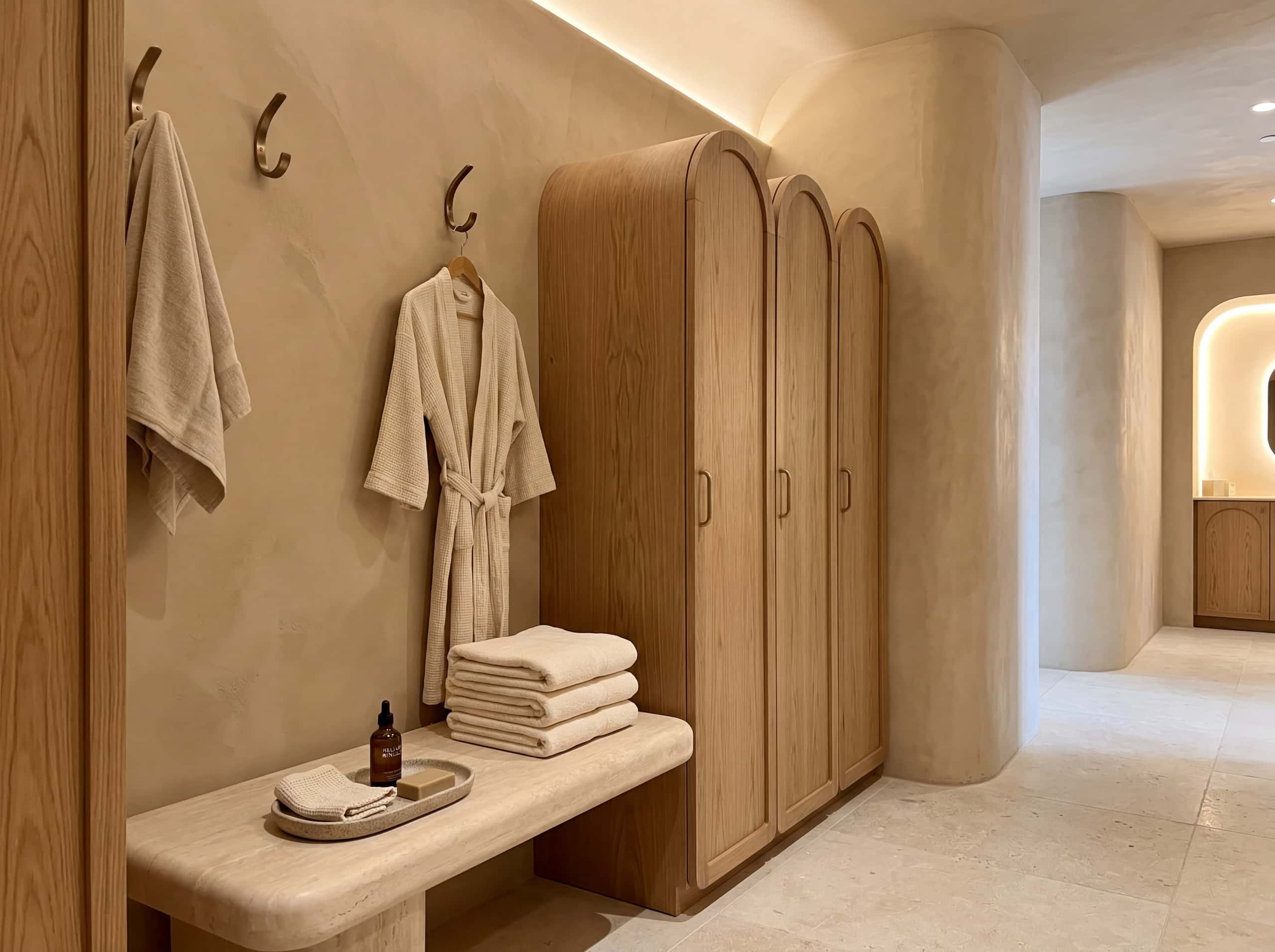 Changing room with white oak lockers and brushed bronze hooks