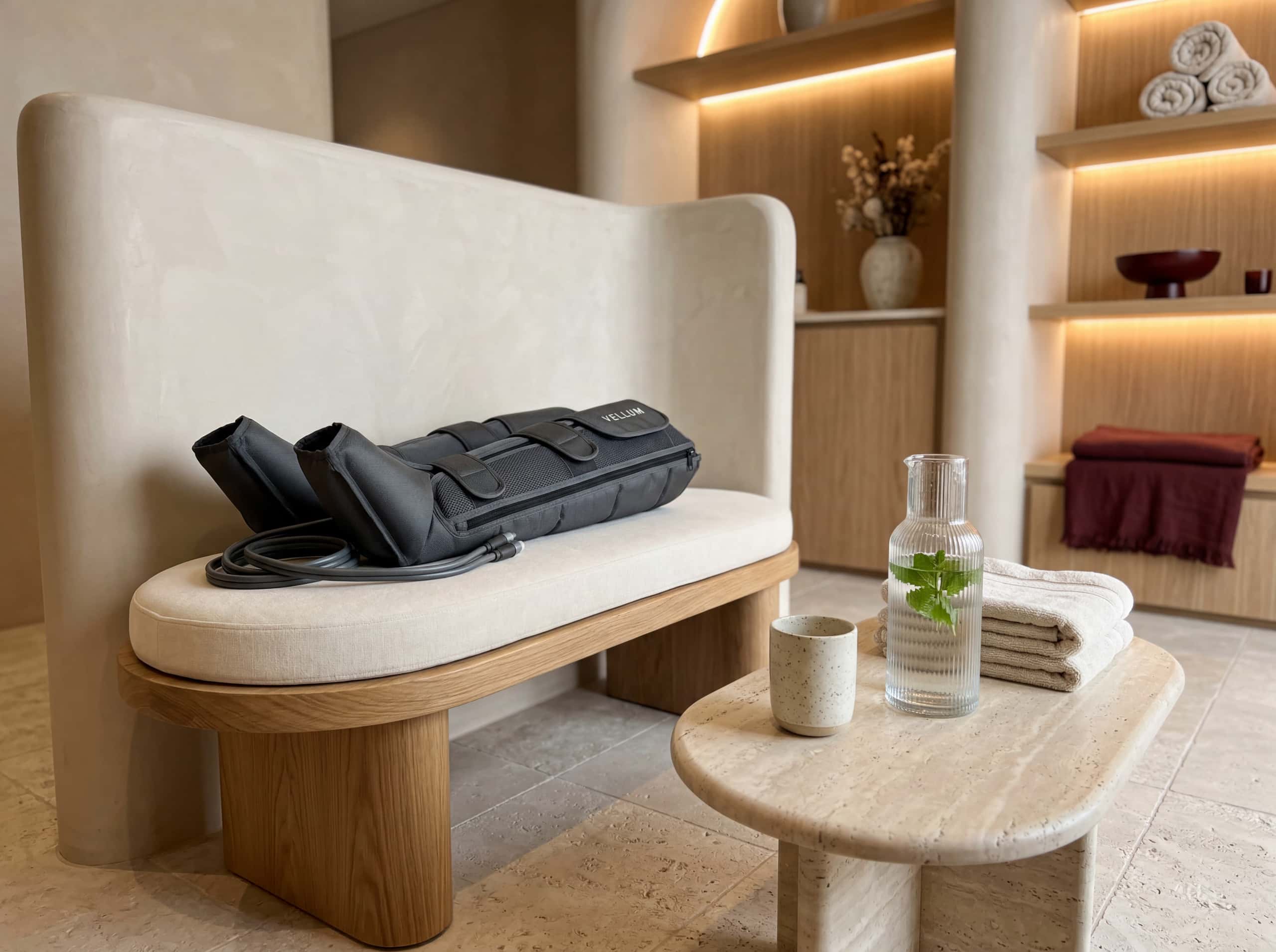 Compression recovery area with boots and white oak bench