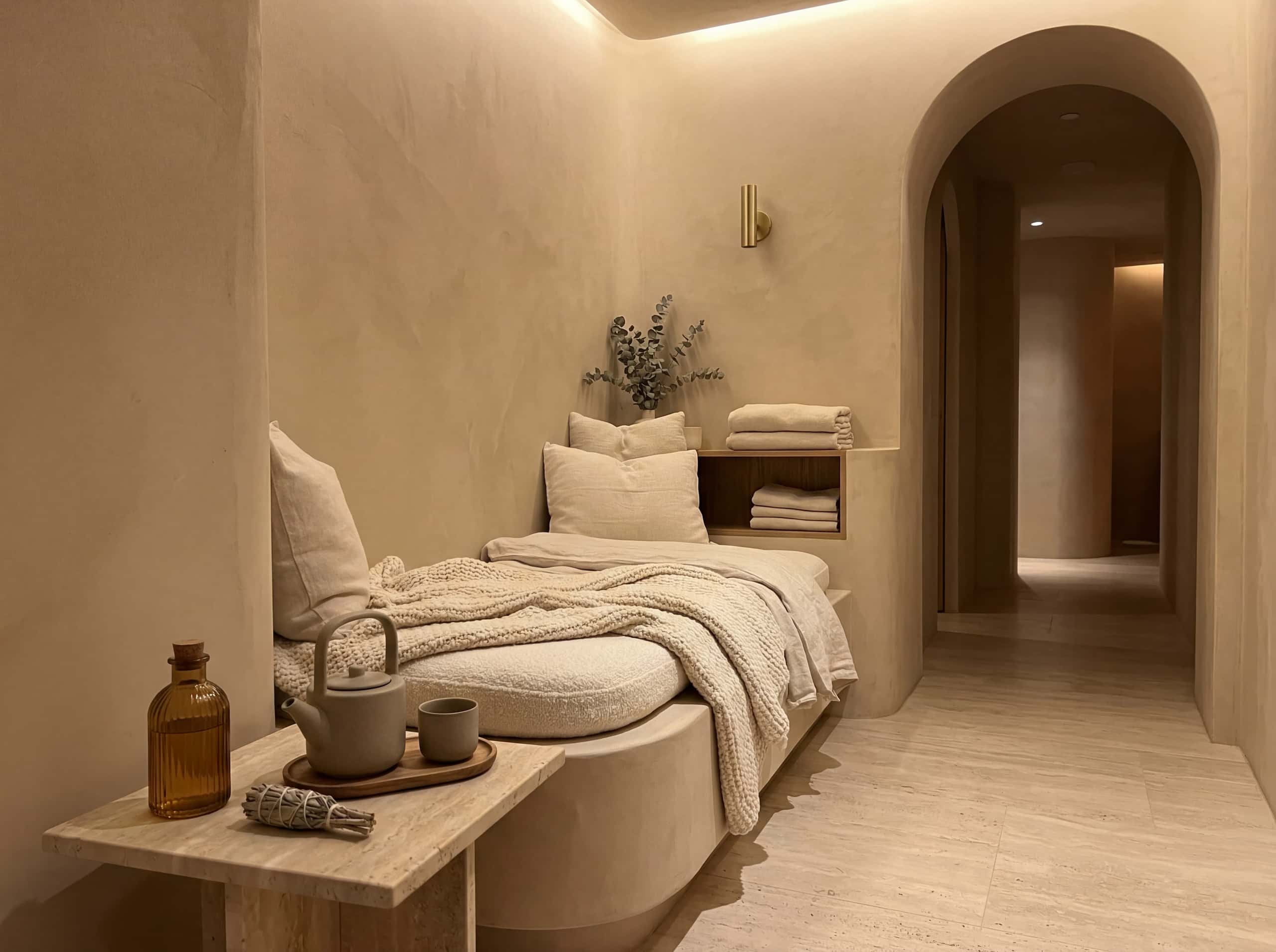 Private ritual suite with arched doorway and curved daybed