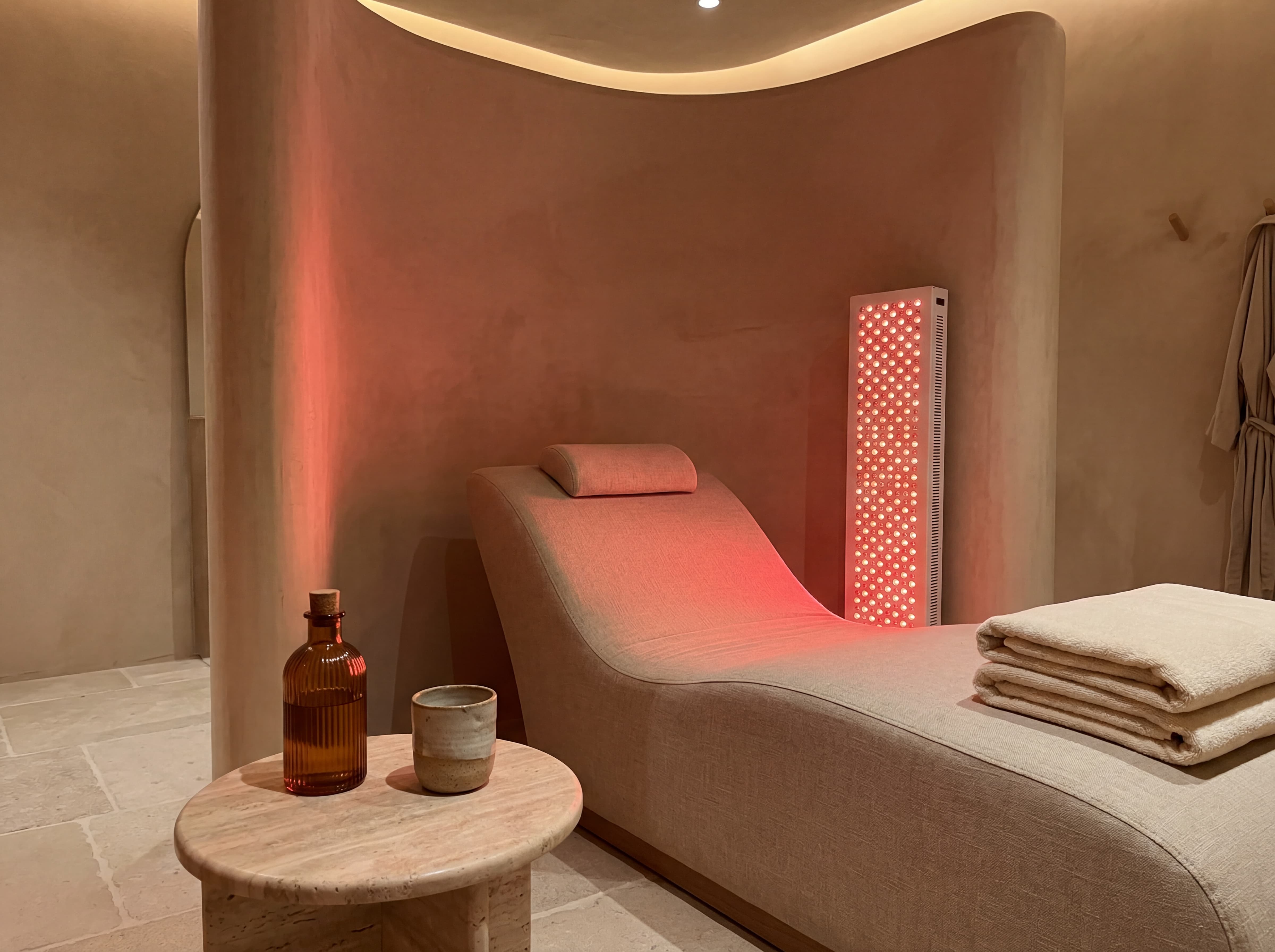 Red light therapy room with curved treatment bench and warm panel glow