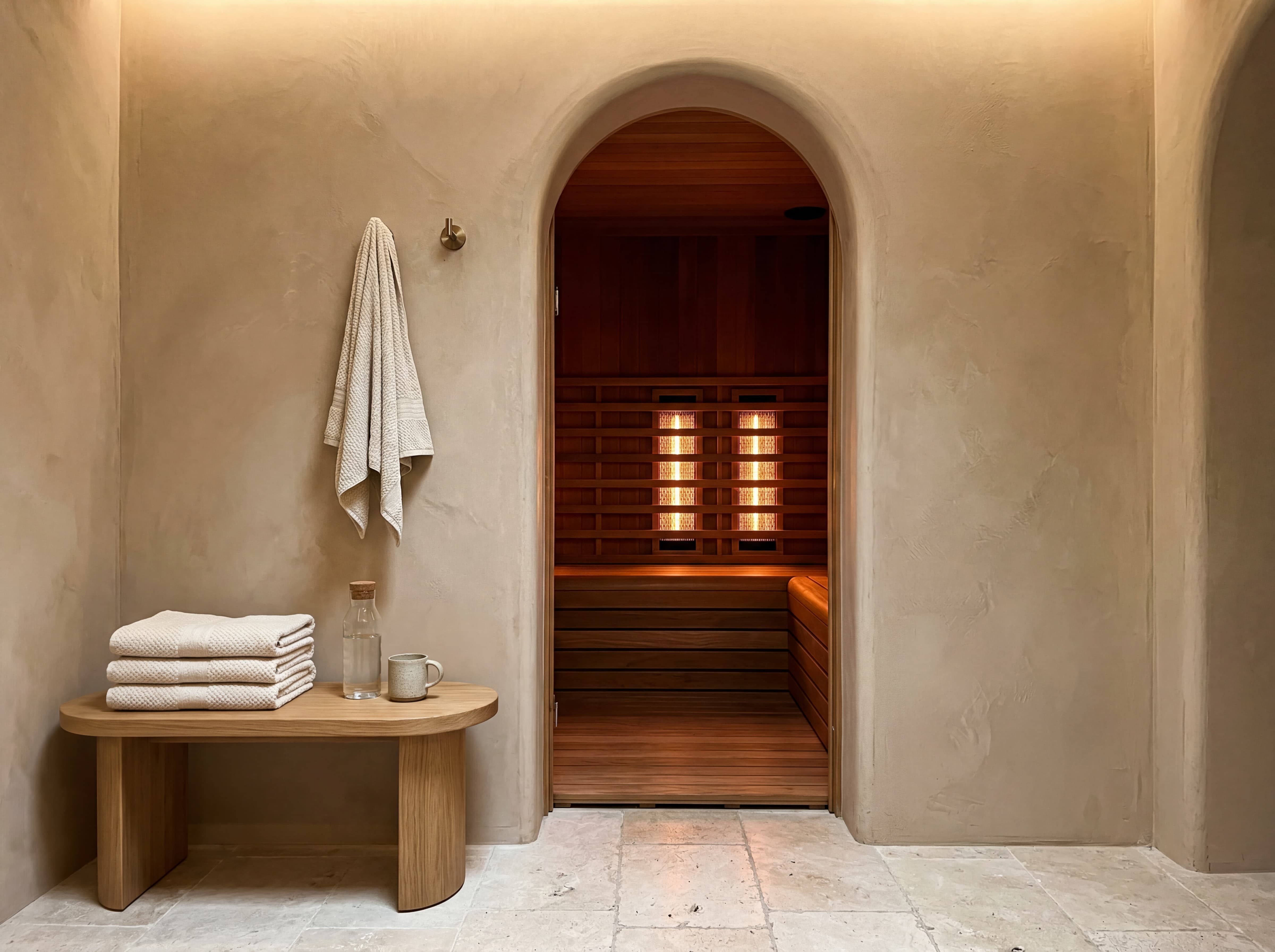Infrared sauna interior with warm amber glow through arched doorway
