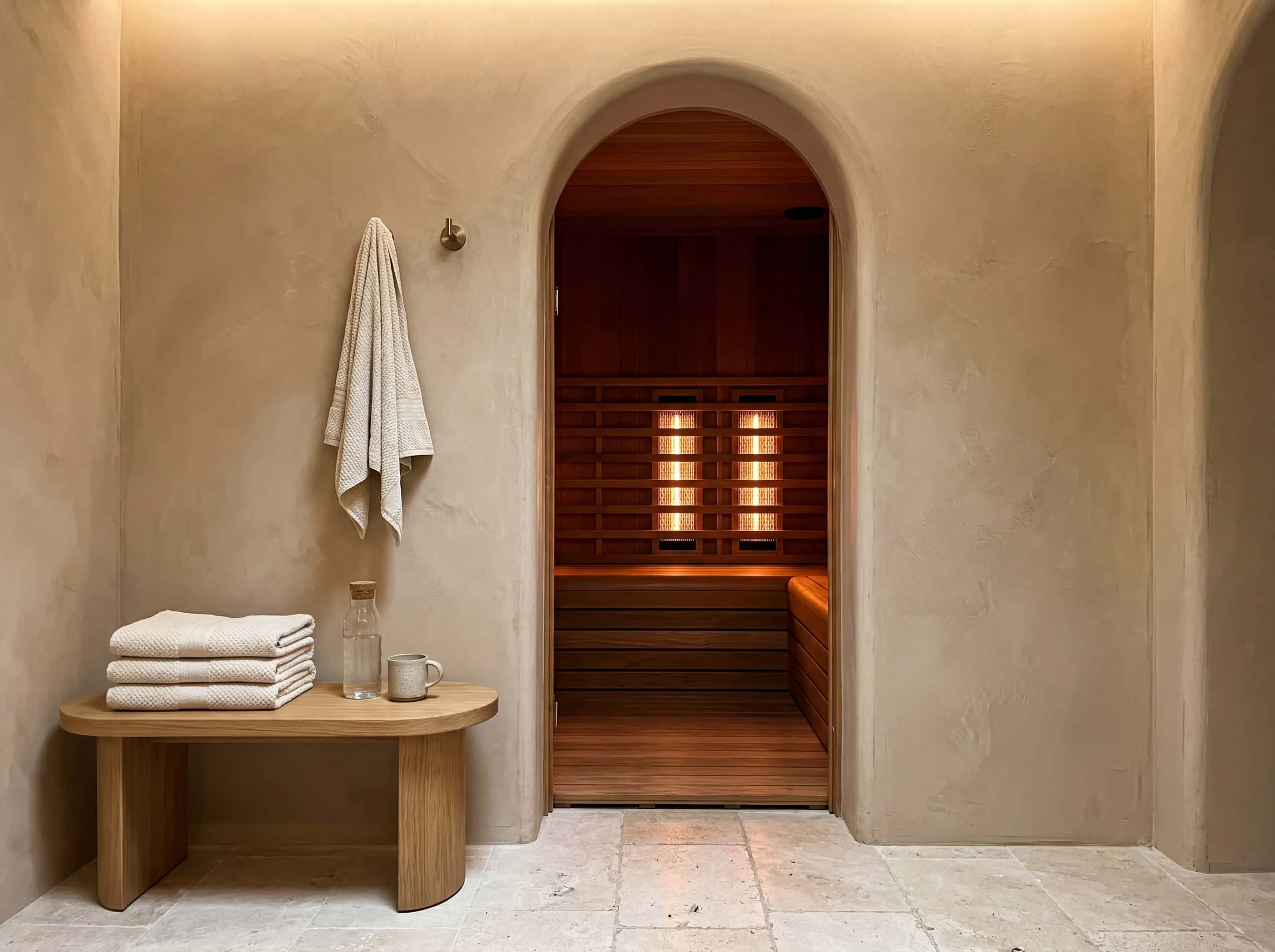 Infrared sauna interior with warm amber glow through arched doorway