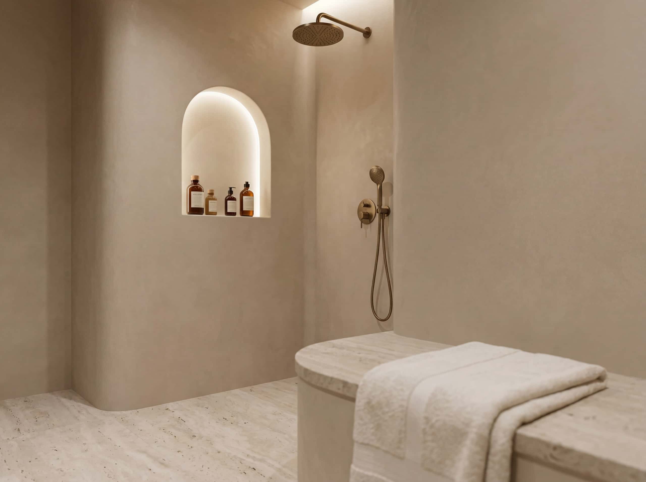 Shower area with beige microcement walls and brushed bronze fixtures