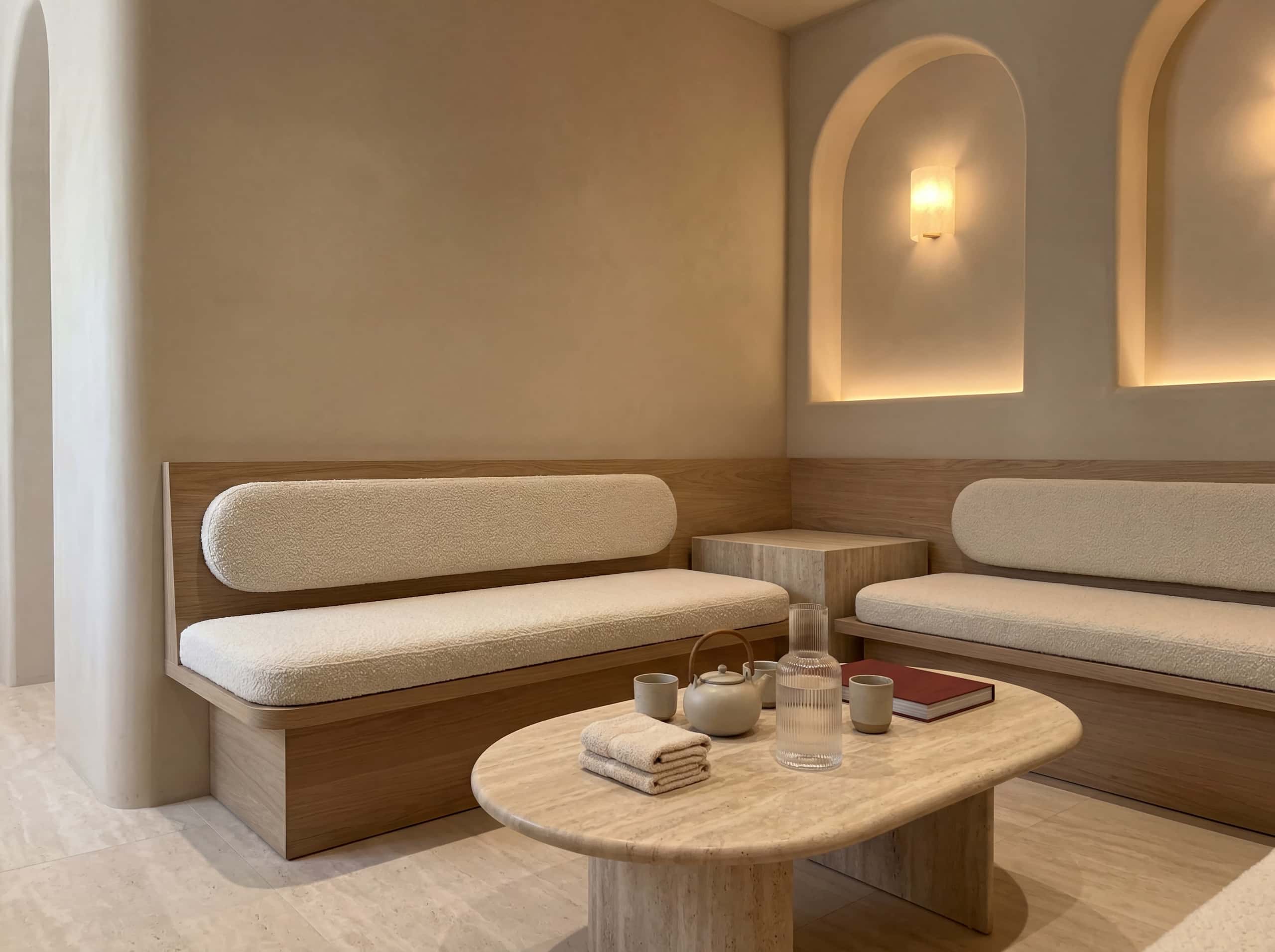 Tea lounge with white oak bench and travertine table