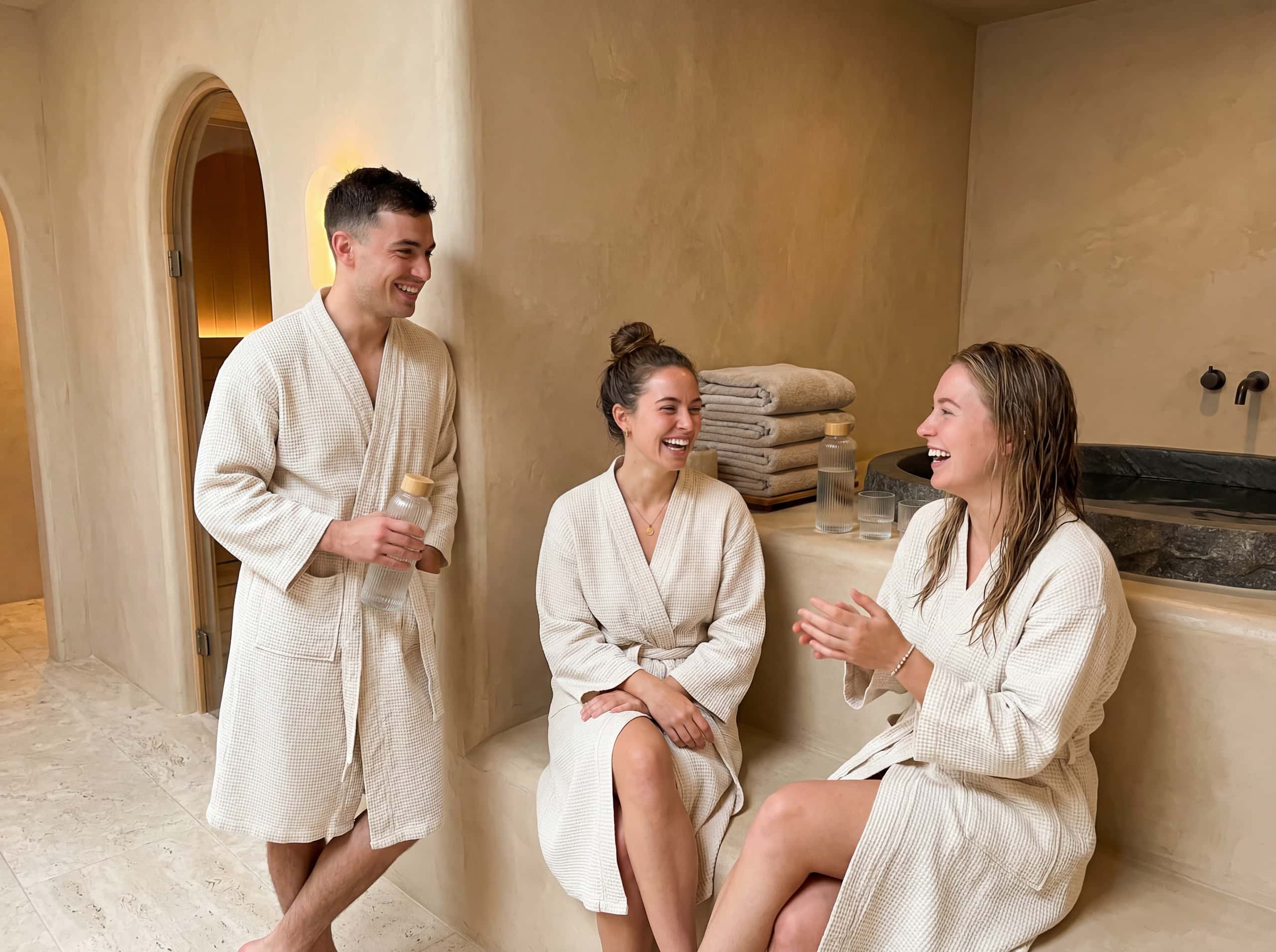 Three young adults in robes relaxing by the contrast plunge area
